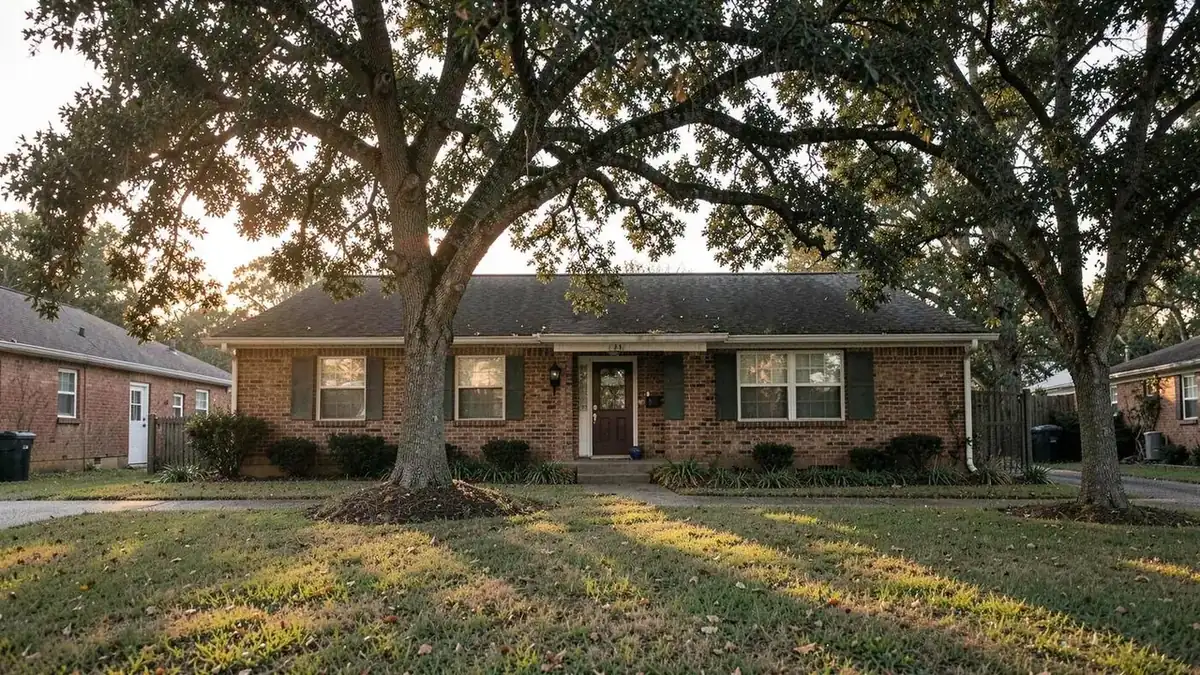 Brick ranch home under a mature oak tree in a Tupelo, Mississippi neighborhood