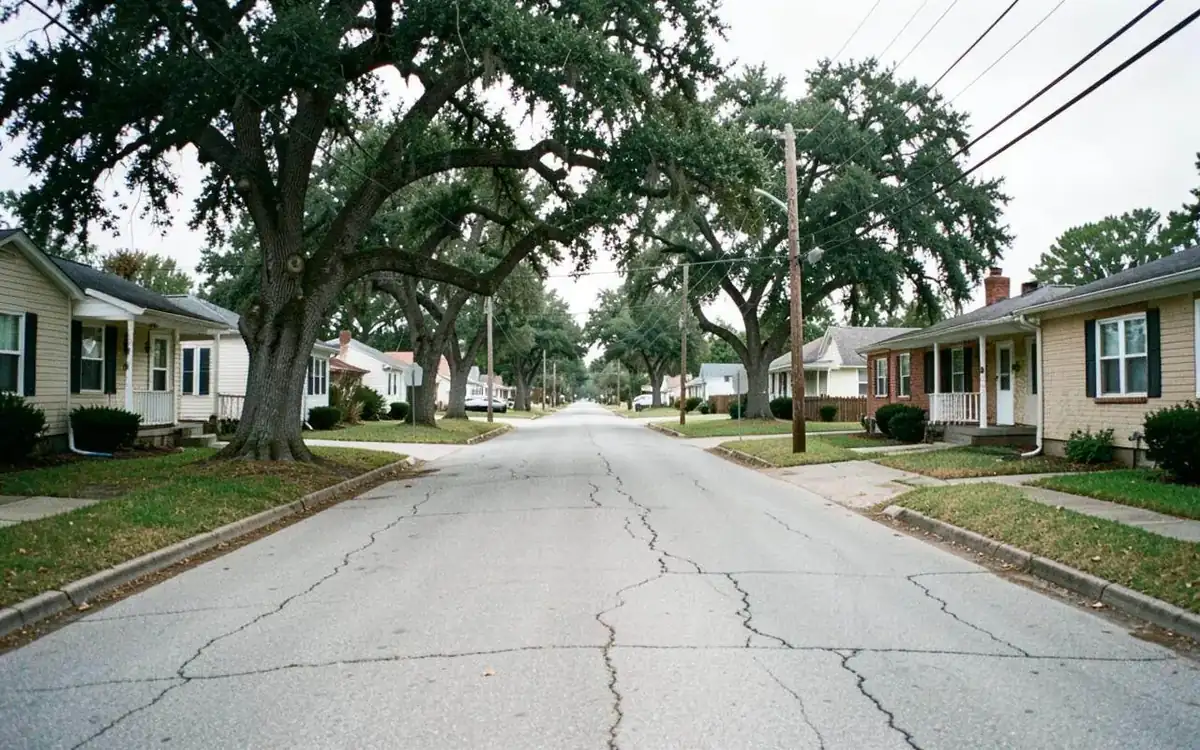 Residential street with modest homes and mature trees in Tupelo, Mississippi